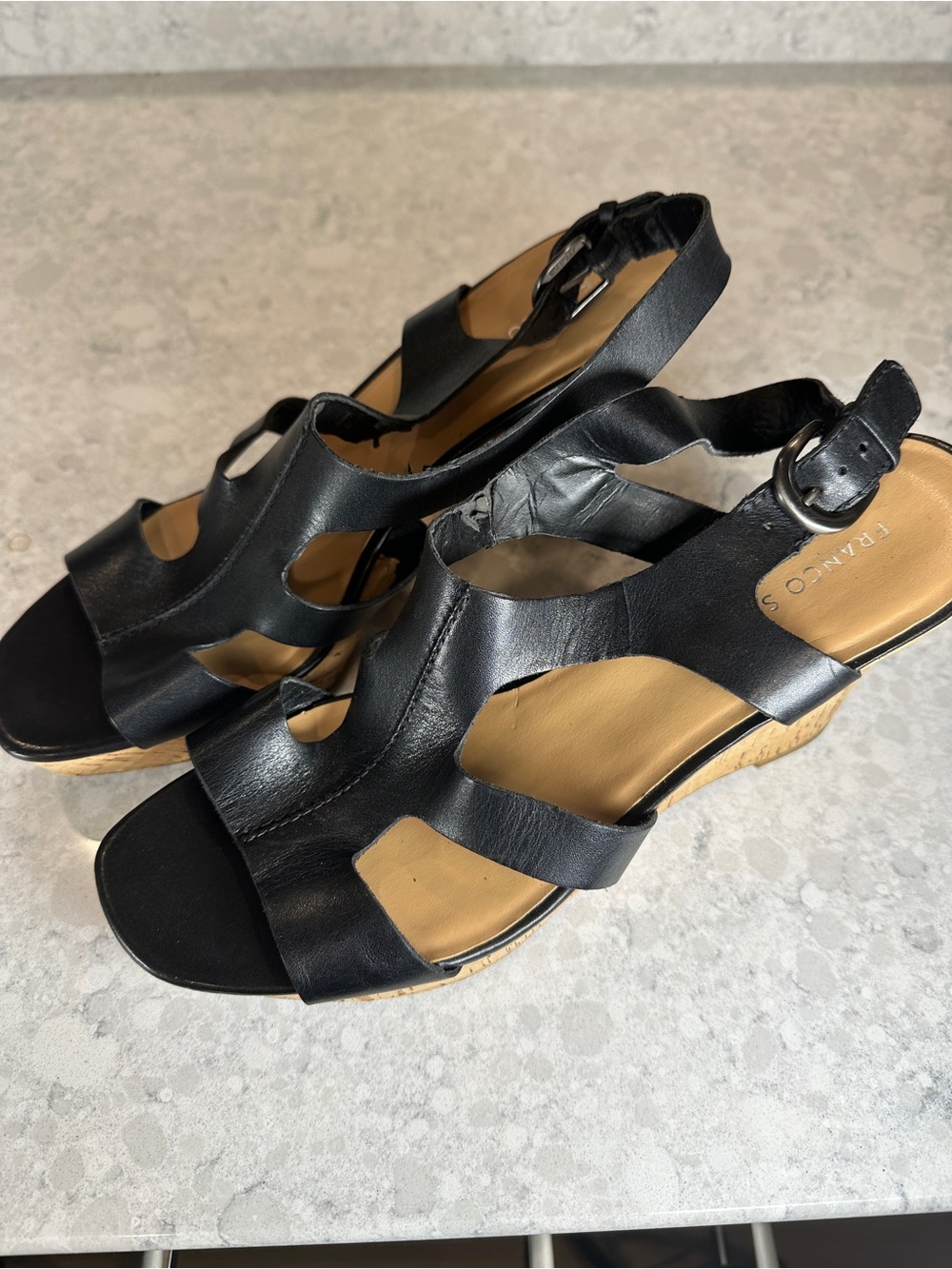 Franco Sarto Black Leather Cutout Wedge Sandals with Slingback